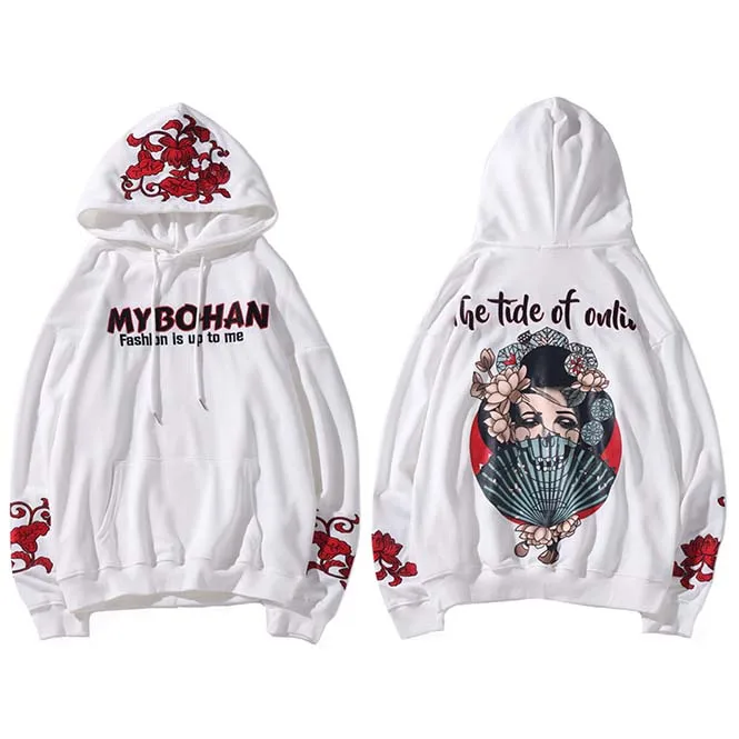 A038063 White Мужская толстовка с капюшоном в стиле хип-хоп японская гейша Harajuku уличная вышитая Цветочная Толстовка пуловер Хлопок осенний японский стиль - Цвет: A038063 White