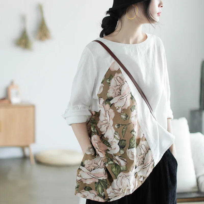 

Asymmetrical Design Spliced Printed Linen T Shirt Black White Women Ethnic Vintage Long Sleeve Autumn Tshirt Loose Tops Blusas