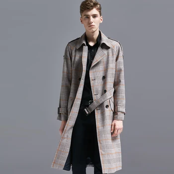

Korean version of the tide male fashion lattice long windbreaker men over the knee large size new casual loose long trench coat
