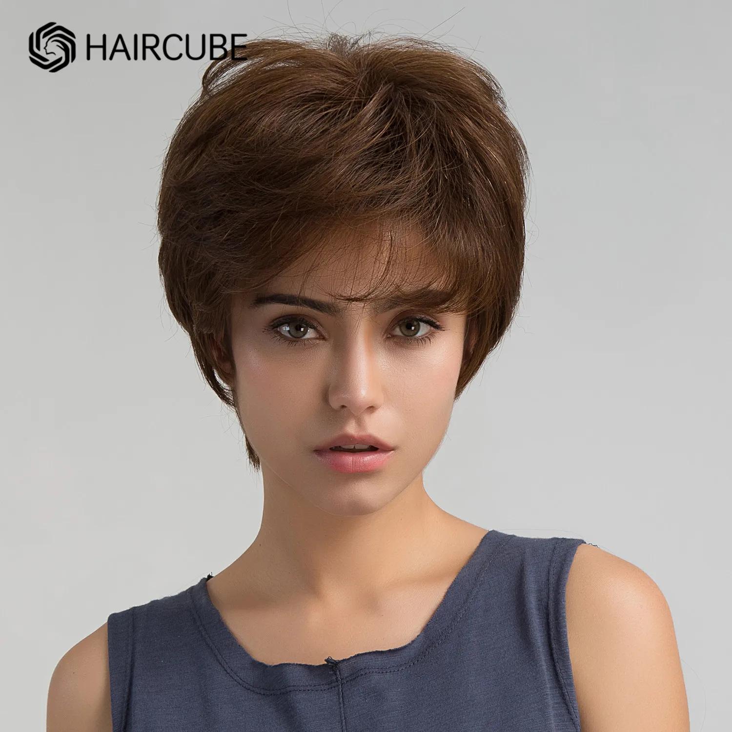 HAIRCUBE-Peluca de cabello humano para mujer, postizo corto con flequillo, corte Pixie en capas, color marrón Chocolate, Natural, suave, resistente al calor