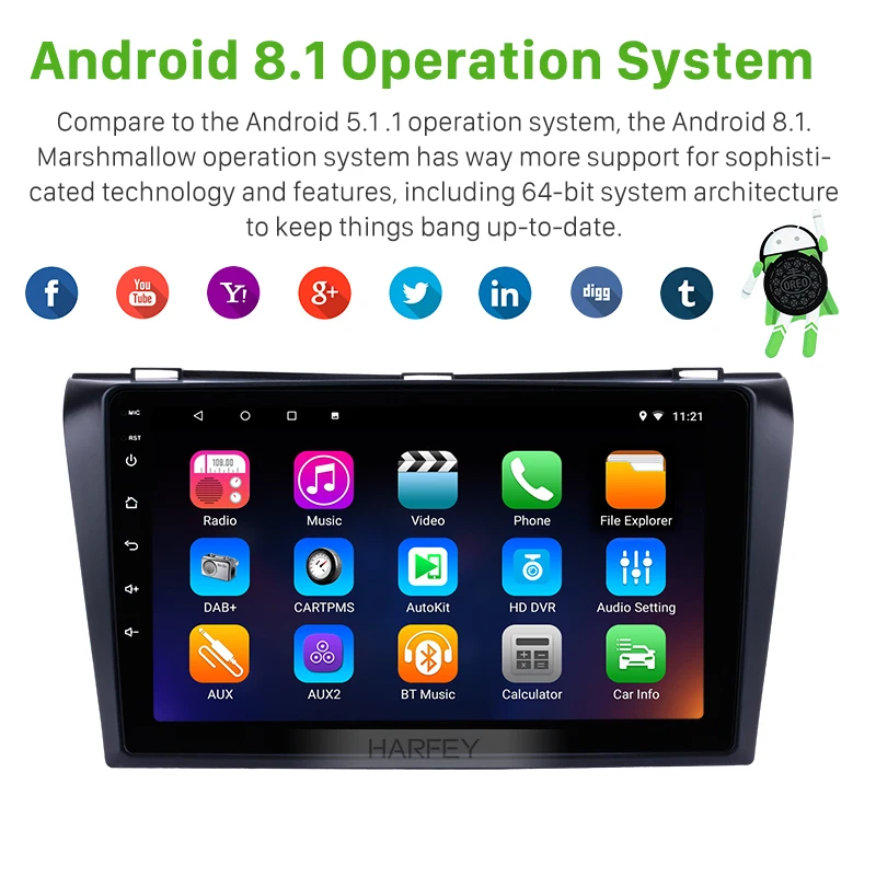 Top Harfey Car GPS Navi Android9.0 Stereo HD 2Din 9" Autoradio For Mazda 3 Quad-core 2004 2005 2006 2007 2008 2009 Multimedia Player 3