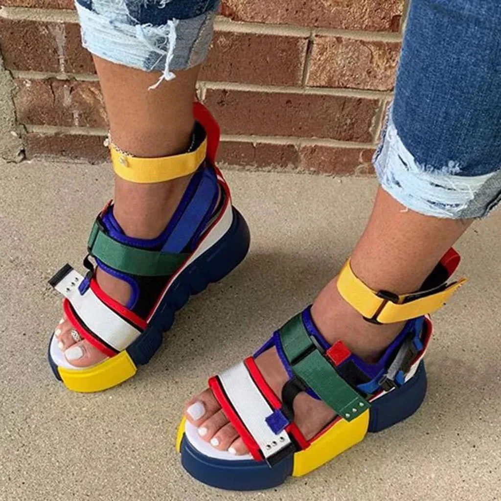 Womens Open Toe Platform Casual Shoes Wedge Heel Colorblock Ankel Strap Sandals zapatos de mujer#s