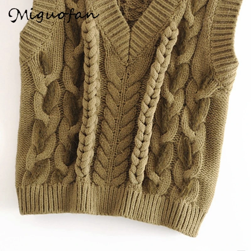 MiguoFan Winter Knitted Vest Sweater fashion Boho Hemp flowers Women Sleeveless Casual Khaki Solid Color V-neck female Waistcoat