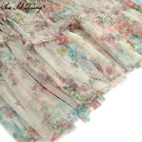 فستان شبكي ربيعي مصمم على الموضة من Seasixiang فستان شبكي نسائي بياقة على شكل فانوس بأكمام متتالية مكشكشة مطبوع عليه زهور فساتين للعطلات 1