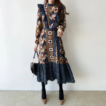 

Vintage Spring Summer Dress Single Breasted Velvet Women Long Dress Turndown Collar Ruffles Femme Elegant Slim Waist Ka591