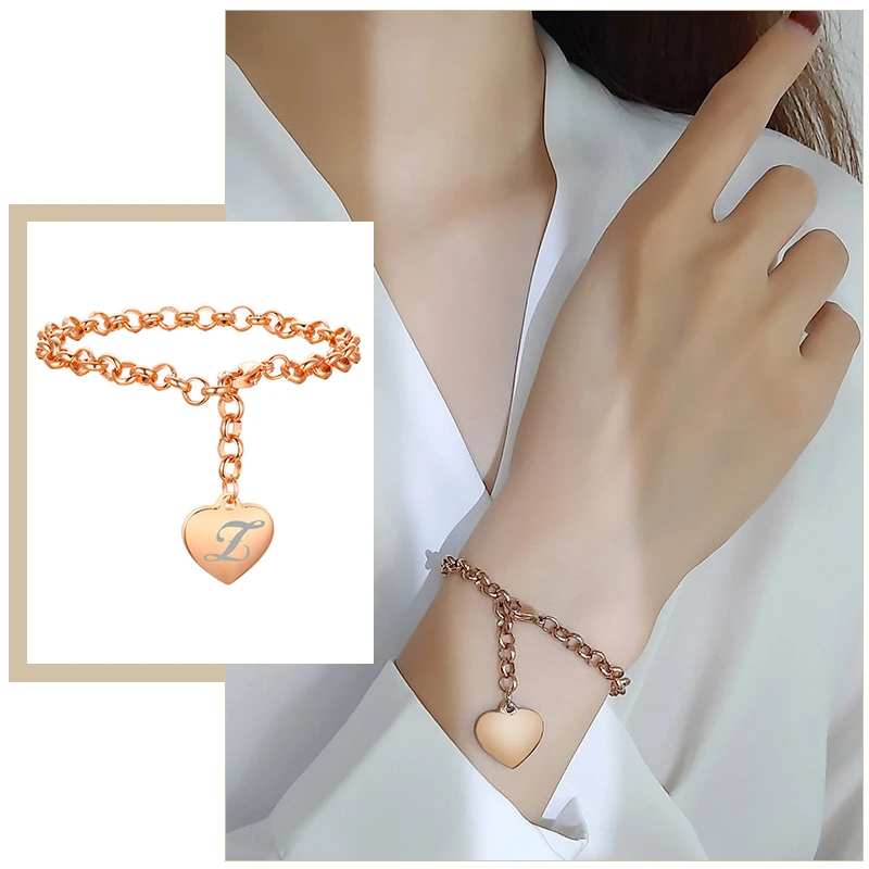 

Trendy Stainless Steel Heart N to Z Letters Alphabet Initial Charm Chain Bracelets for Women Personalize Custom Gifts Jewelry