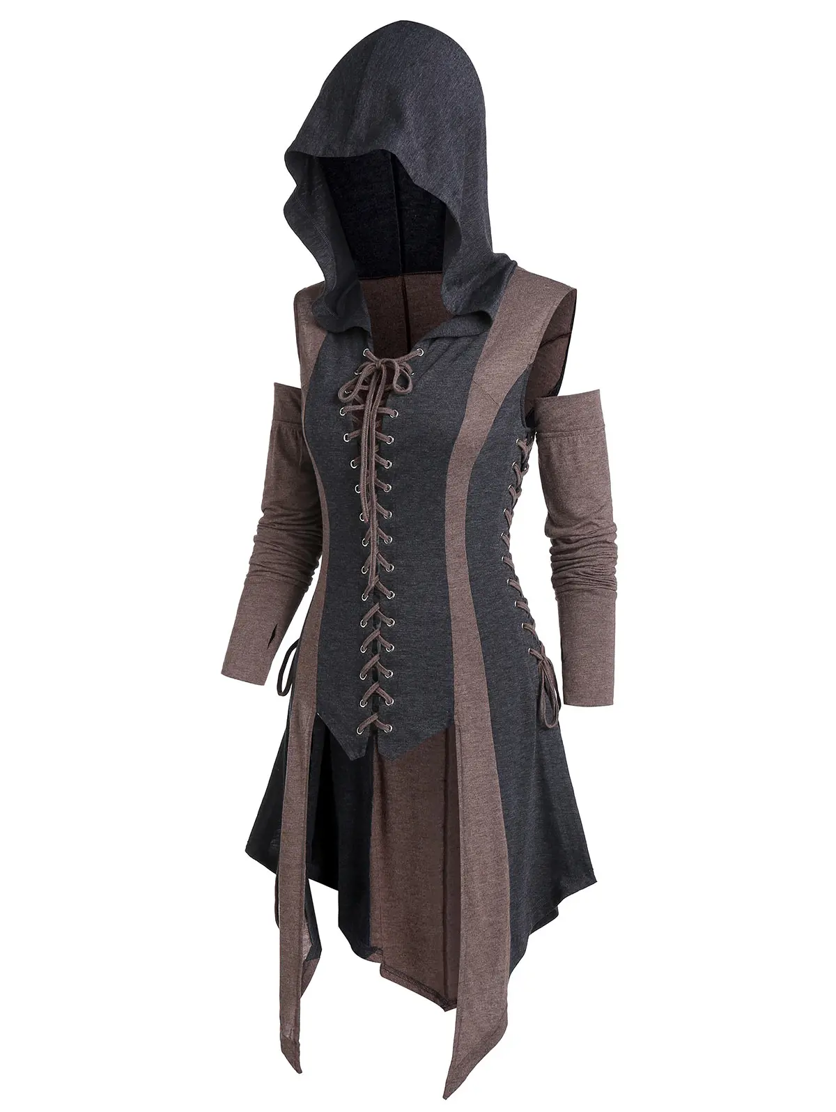Dark Gray ROSEGAL, на шнуровке, с капюшоном, пальто, женское, асимметричный, контрастный, длинный, винтажный Блейзер, элегантная верхняя одежда, с открытыми плечами, на шнуровке, женские куртки - Цвет: Dark Gray