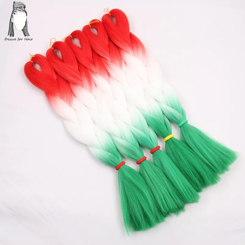 red white green Desire for hair, 1 упаковка, 24 дюйма, 100 г, синтетические огромные косички, цвет Омбре, черный, серый, бордовый, косички для наращивания волос - Цвет: red white green