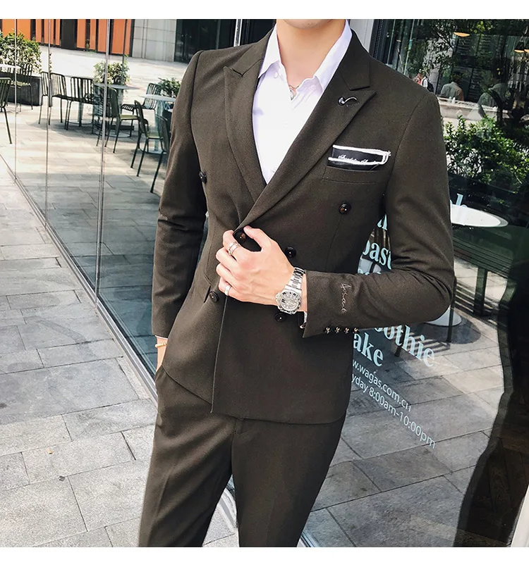 Куртка+ брюки) High-end вышивка одноцветная мужские, повседневные, деловые двубортный костюм 2 предмета в комплекте жениха, свадебное платье, смокинг