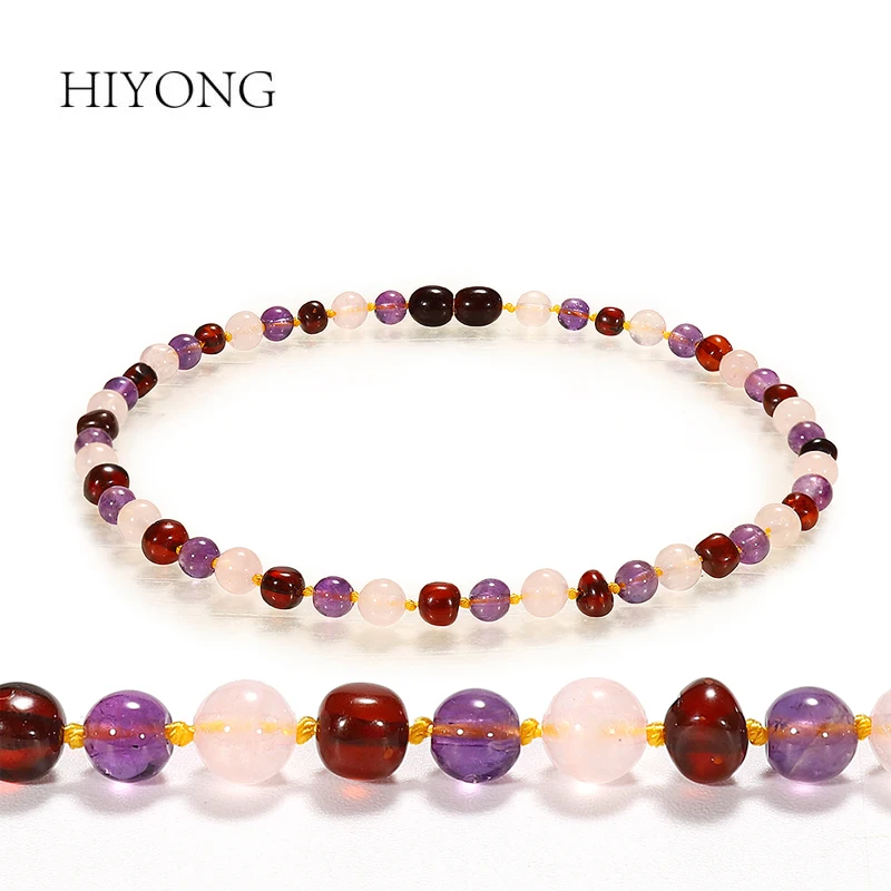 

HIYONG 1Cherry-1Quartz-1Amethyst Natural Baltic Amber Teething Necklace for Baby Jewelry Bracelet Amber Natural Beads Bracelet