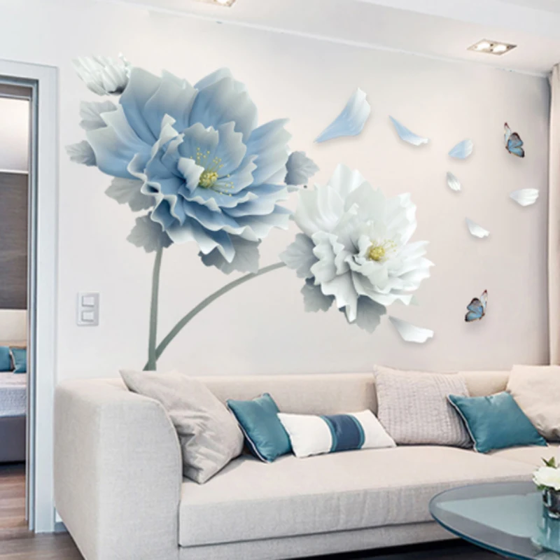 Large White Blue Flower Lotus Butterfly Removable Wall Stickers 3D Wall Art Decals Home Decor Mural Art for Living Room Bedroom