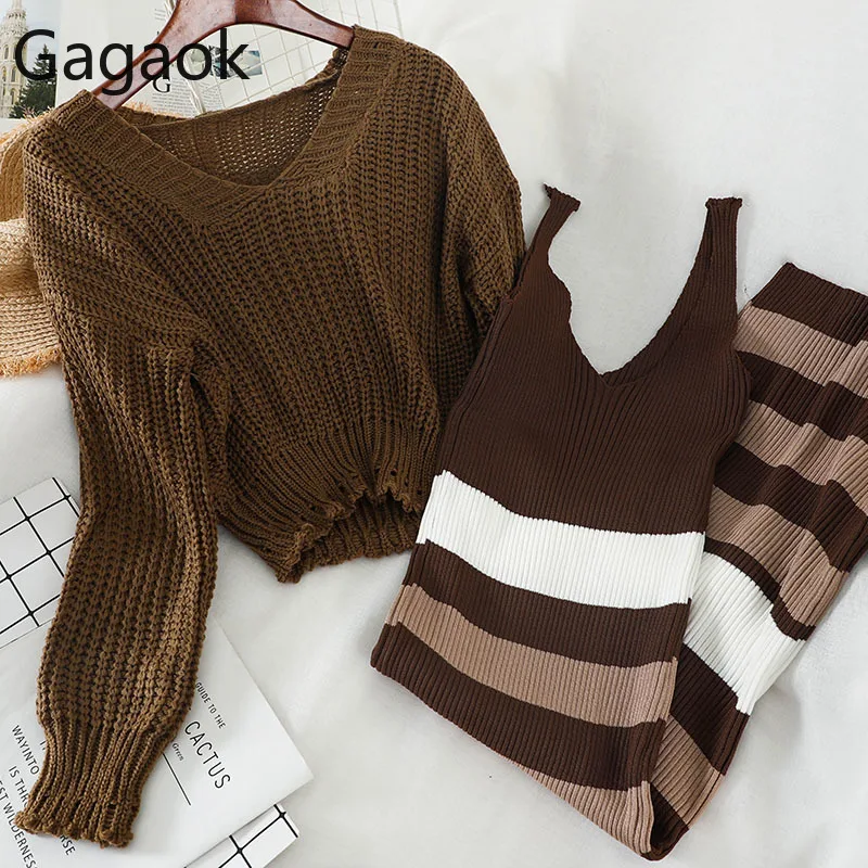 

Gagaok Women Knitted Two Piece Set Spring Autumn V-Neck Full Striped Short Warm Slim Fashion Casual Stretch Korean Female Set