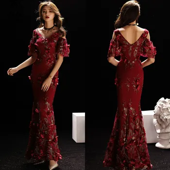 

Skyyue Burgundy Evening Dress V-Neck Short Sleeve Appliques Mermaid Eveing Gown Floor-Length Sequined Robe De Soiree TR001