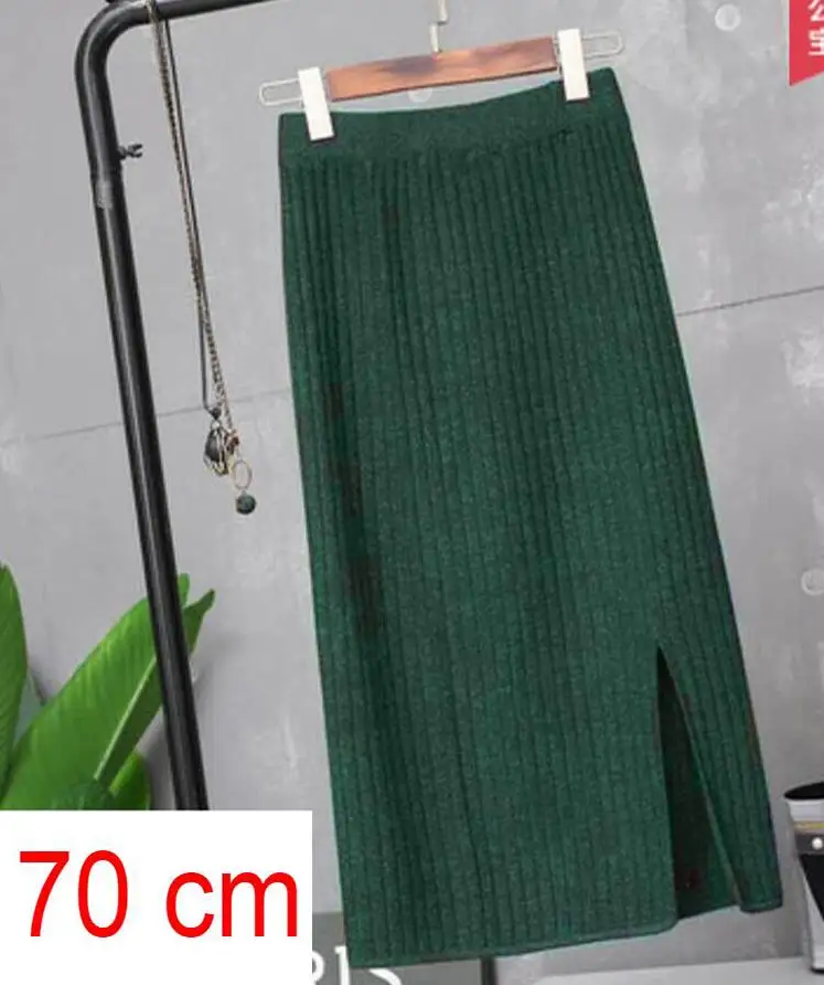 Осенне-зимние вязаные женские юбки с высокой талией, теплые женские юбки в рубчик, Женские винтажные офисные юбки, Повседневная простая юбка-карандаш - Цвет: green 70cm