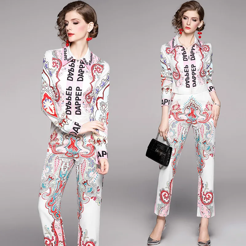 

New Style Europe And America Long Sleeve Printed Jacket Skinny Pants Casual Elegant Two-Piece Set [Thick Photo Shoot]