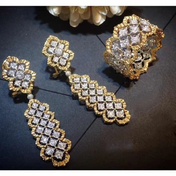 

Gold Layers Zircon Rombi Design Jewelry Set Dangle Earring Ring Hollow Net 925 Sterling Silver Women Wedding Birthday Jewelry