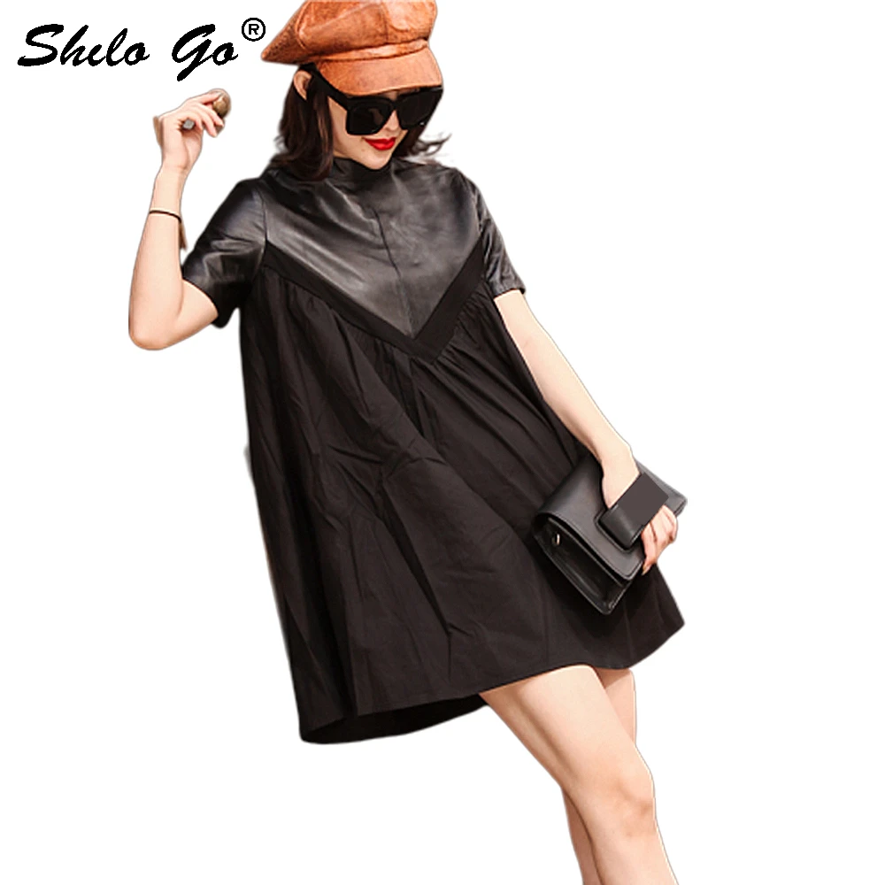 Vestido de cuero genuino de talla grande de cuello redondo corte y coser A Line vestidos sueltos otoño manga corta Zip vestido de espalda a la rodilla|Vestidos| - AliExpress