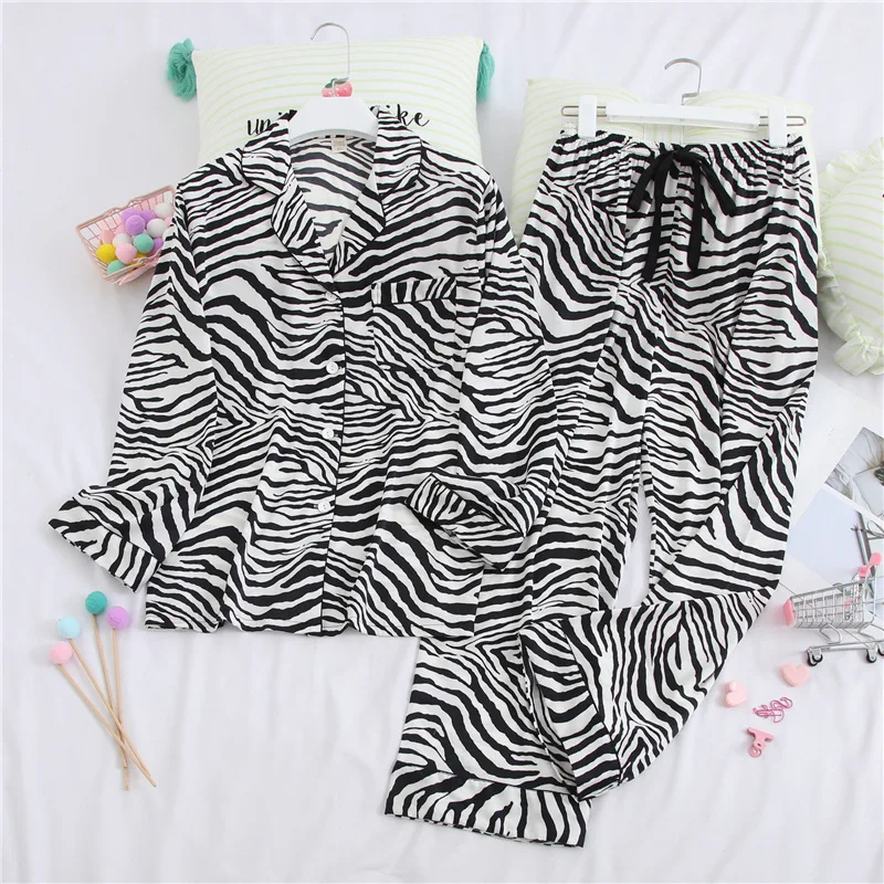 black white set Fiklyc Нижнее белье Женская Зебра цветная Пижама наборы с карманами Весна Длинный рукав и брюки ночная рубашка горячая Распродажа пижамы - Цвет: black white set