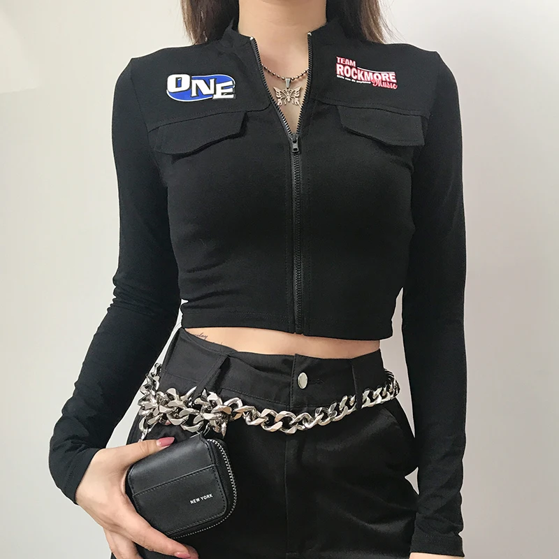Weekeep, женская укороченная футболка на молнии с длинным рукавом, черная уличная одежда на молнии спереди, уличная футболка, женский укороченный топ
