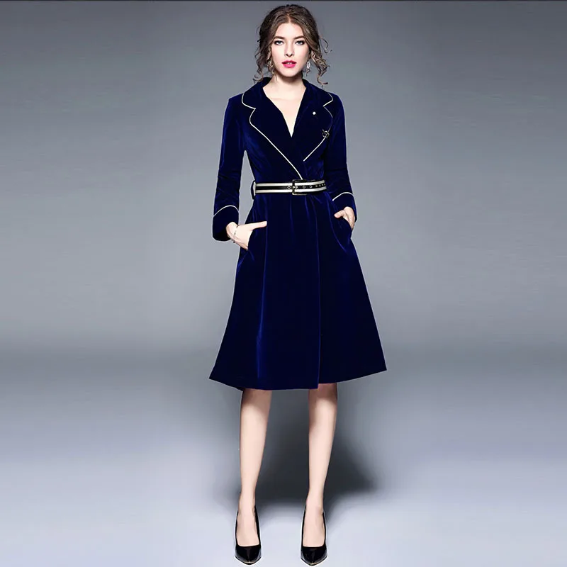 Женское бархатное длинное пальто новое осенне-зимнее высококачественное модное офисное женское ТРАПЕЦИЕВИДНОЕ однотонное платье с поясом и отложным воротником шерстяное пальто - Цвет: Королевский синий