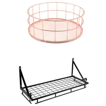 

Kitchen Metal Art Storage Rack Wall Mount Storage Organizer with Hooks 45cm & Rose Gold Iron Storage Basket