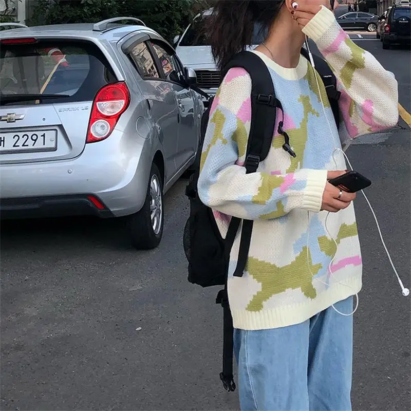 Женские свитера в винтажном японском стиле Kawaii Ulzzang, свободный вышитый Камуфляжный свитер, Женская Корейская одежда Harajuku для женщин