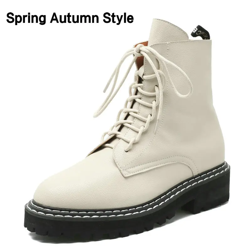 Apricot SpringAutumn HTUUA/теплые плюшевые зимние ботинки; женские короткие ботильоны на шнуровке в клетку; женские осенние ботинки на массивной платформе; женская обувь; SX3438 - Цвет: Apricot SpringAutumn