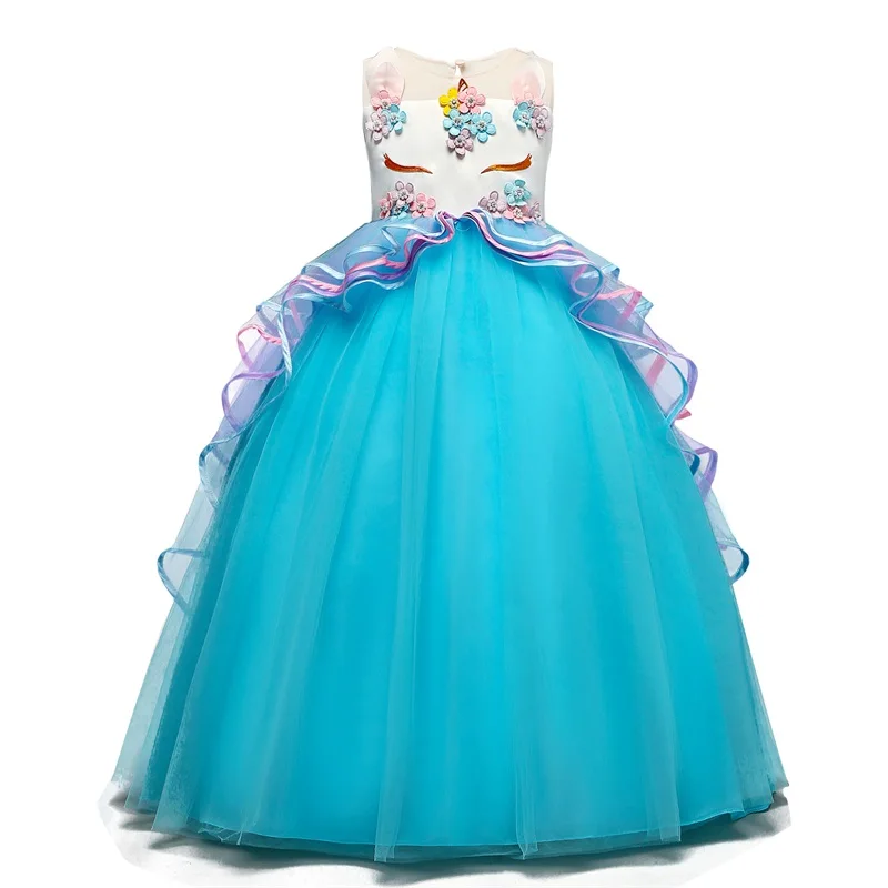 Платье с единорогом свадебное платье подружки невесты для девочек, праздничное платье для детей, нарядная Многоуровневая одежда с радугой для девочек платья, Vestidos, для детей возрастом от 6 до 14 лет