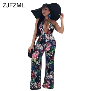 

Sexy Backless Floral Wide Leg Jumpsuit Women Halter Cut Out Cross Lace Up Bodysuit Summer Beach High Split Plus Size Rompers