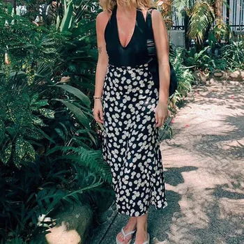 

2020 Summer Floral Long Skirts for Women High Waist Skirt Flower Zipper Elegant Chiffon Vintage Maxi Skirt Female Party