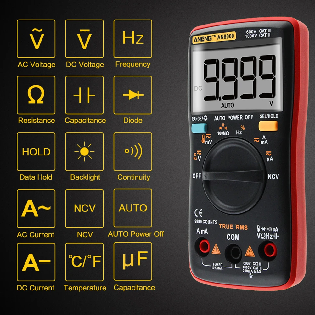 ANENG AN8009 цифровой клещи мультиметр Ручной RMS AC/DC сопротивление Ом Вольт тестер мультиметр AC DC