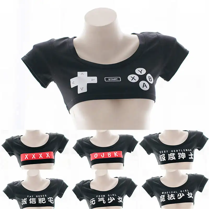 

Japanese Women Cute Mini T-shirt Expression Printed Crop Top Extra Short Sexy T-galactosidase Kawaii Lingerie Lolita Loli Cotton