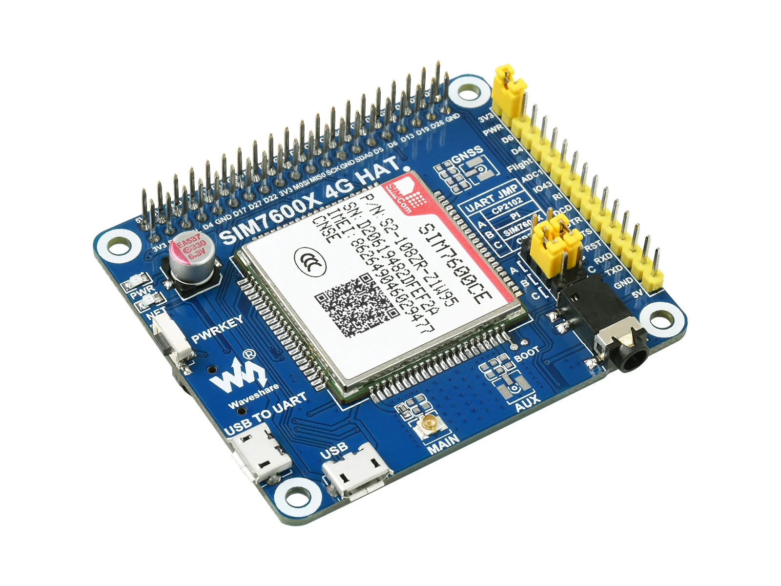 

Waveshare SIM7600CE-CNSE 4G HAT for Raspberry Pi, Supports 4G / 3G / 2G Communication, Also LBS Positioning