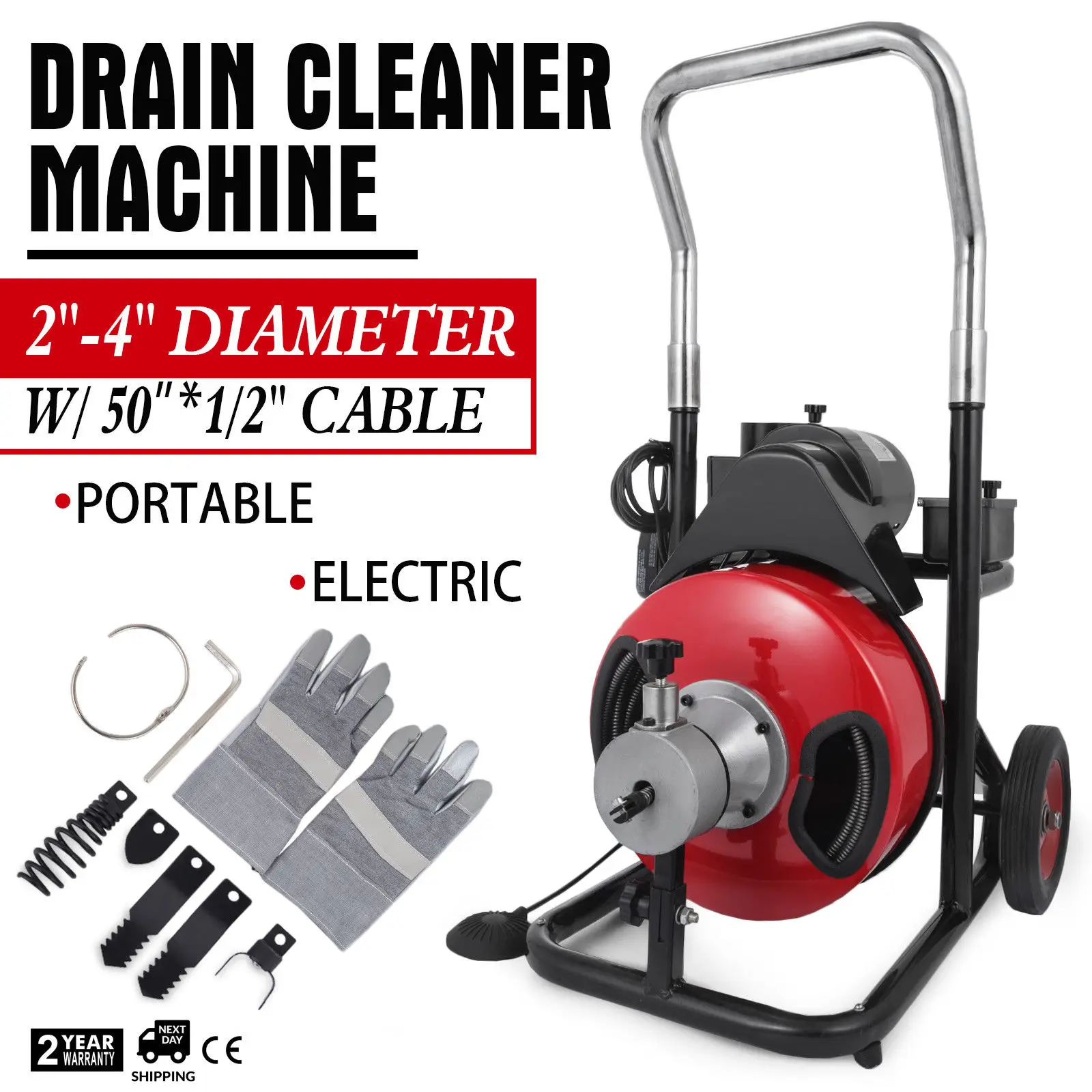 

50FT*1/2'' Cable 2-4'' Dia Pipe Electric Drain Auger Drain Cleaner Machine