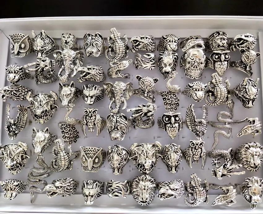 Bulk lots 50pcs Animal Mix Ring Men's Punk Rocker Skull Ring Snake Lion Leopard Dragon Elephant Owl Gecko Eagle Rings Man Gift 5