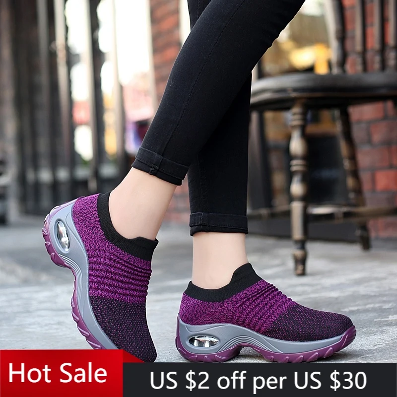

Women's Walking Shoes Thick Bottom Sneakers Air Cushion Slip-on Lightweight Breathable Casual Sport Shoes