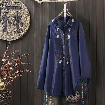 

Fashion Women Denim Blue Blouse ZANZEA Spring Lapel Neck Embroidery Floral Shirts Female Work OL Blusas Long Sleeve Tops Mujer