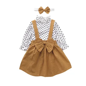 

Autumn Spring polka dot shirt dress small baby children's dress three-piece suit Wave Point Long sleeve + dress + hair band