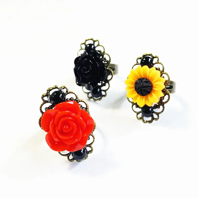 Gothic Style Adjustable Black Red Rose Flower Antique Bronze Rings for Women National Vintage Party Wedding Jewelry Accessories finger ring wedding rings jewelry accessories adjustable rings wedding ring