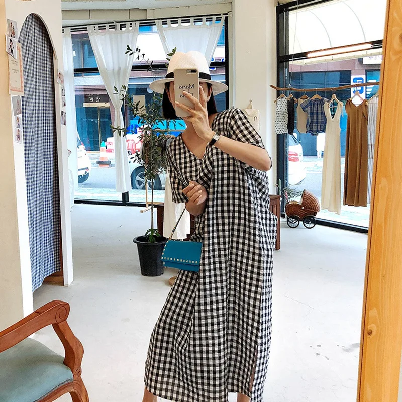 

New Style Korean-style Loose-Fit Irregular Retro Plaid Dress Student Mid-length V-neck Backless over-the-Knee Long Skirts