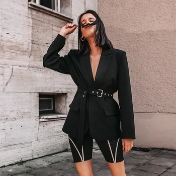 

Joskaa Black Sashes Elegant OL Women Blazer Coat Autumn Office Ladies Outwear Solid Long Clothes