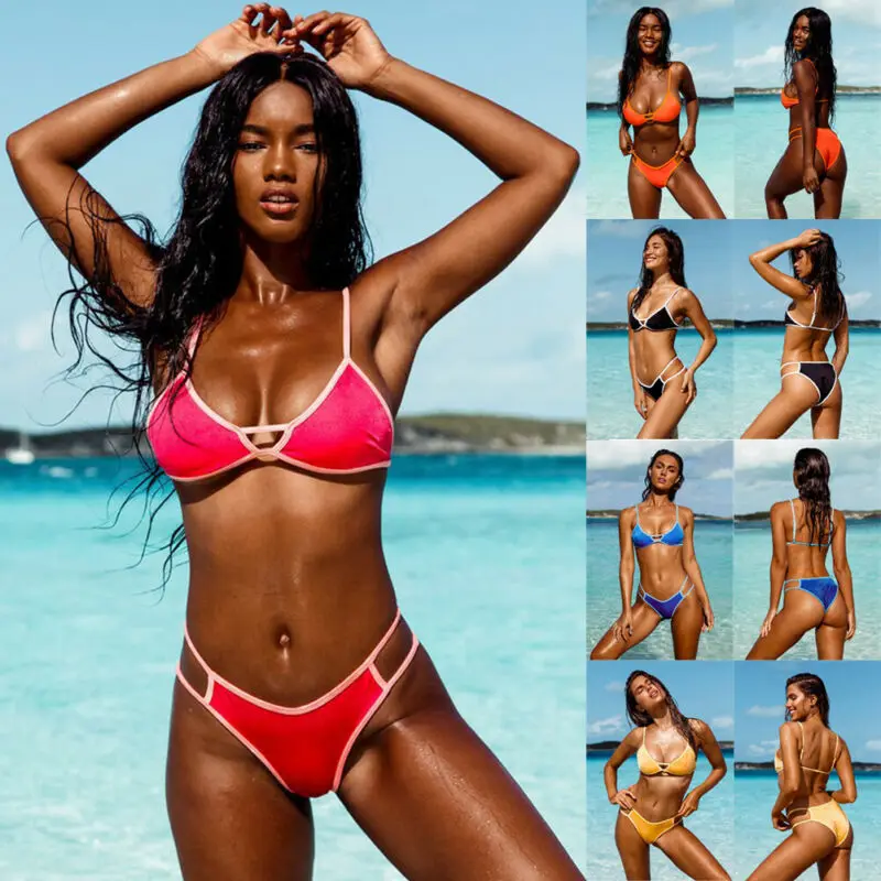 

2Pcs Swimwear Sexy Women Summer Bikini Set Bra Women Swimsuit Swimwear Push-up Padded Triangle Bra Top Thong Bottom Bikini Set