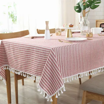 

Red Striped Tablecloth With Tassels Home Decor Christmas Party Desk Cover Tea Table Cloth 12 Sizes Kitchen Dining Tablecloths