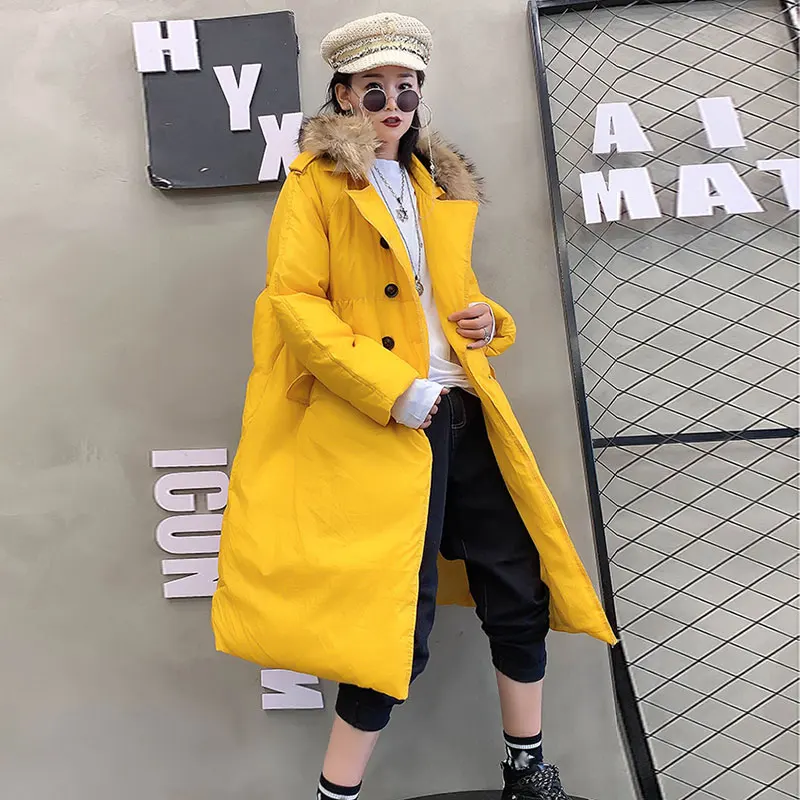 Yellow Зимнее длинное пальто Женская модная утепленная куртка-пуховик парка женский кардиган-пончо doudoune femme hiver - Цвет: Yellow