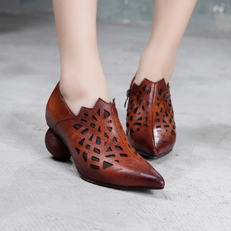 

Tenige Handmade Hollow Out Genuine Leather High Heels Female Cowhide Pointed Ankle Boots