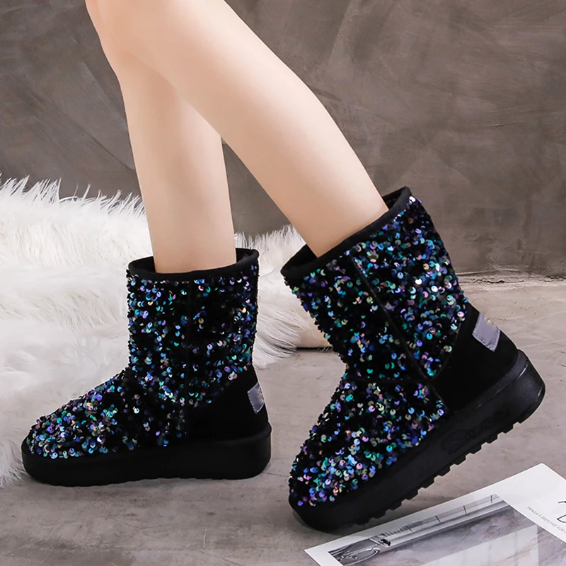 Ceny Rimocy klasyczne ciepłe pluszowe buty zimowe śnieg kobiety Slip on platformy cekiny płaskie buty kobieta grube dno Glitter Booties Mujer