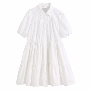 

020 Spring Women's New Round Neck Puff Puff Short Sleeve Stretch Cuff Dress Laminated Decorative Hem Wide Sleeve Mini Dress
