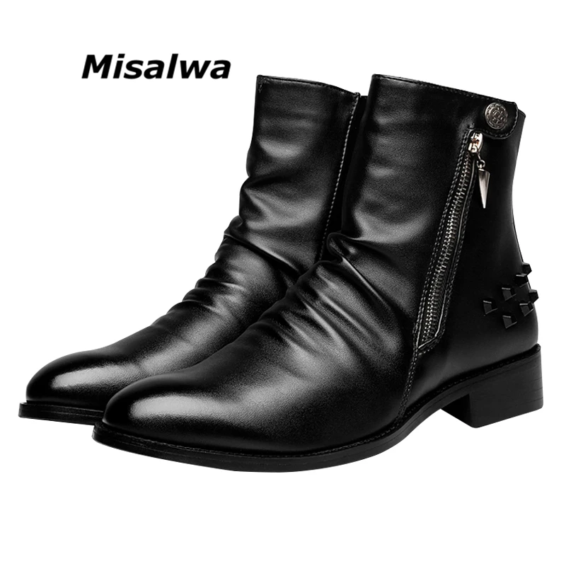 Misalwa/мужские ботинки челси с острым носком на молнии; мотоботы; зимняя обувь в британском стиле; мужские Ботильоны под платье, увеличивающие рост