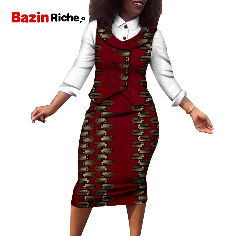 Африканская одежда для женщин Костюм юбки и рубашки наборы Bazin Riche африканская Дашики печати 3 шт. рубашка, жилет и юбка наборы WY5094