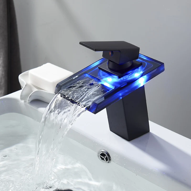 Description Picture 4 of itemMatte Black LED Basin Faucet Brass Waterfall Temperature Colors Changing Bathroom Mixer Tap Deck Mounted Wash Sink Glass Taps